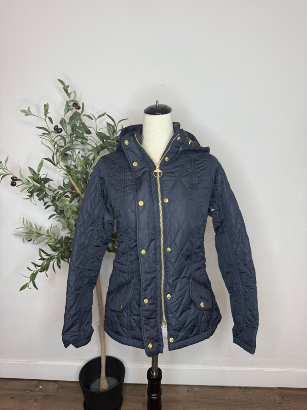 Barbour Navy Quilted Hooded Puffer with Gold-Tone Hardware